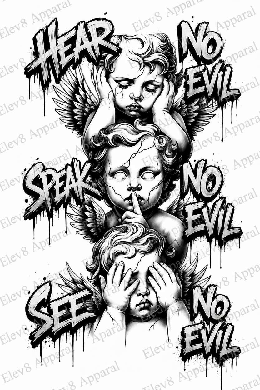 Illustration of three angelic figures with 'Hear no evil, Speak no evil, See no evil' text.