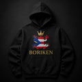 Boriken Heritage Hoodie — black hoodie with crowned coquí frog in Puerto Rican flag colors
