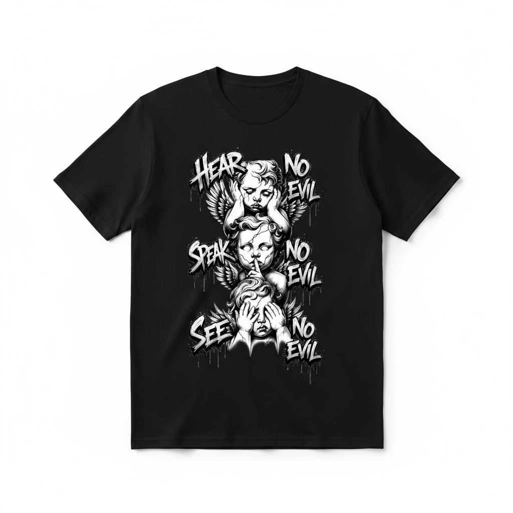 Hear No Evil Speak No Evil See No Evil graphic tee on black shirt – Elevate Apparel