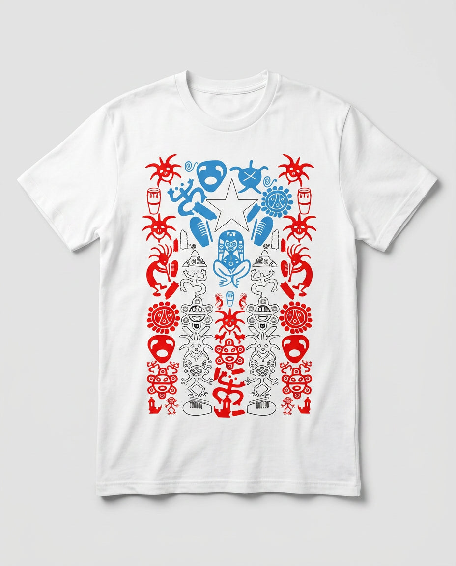 Taino Symbols Flag Heritage Tee — white t-shirt with red and blue Taino petroglyph PR flag DTF print