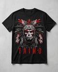 Taino Warrior Heritage Tee — black t-shirt with red Taino chief DTF print