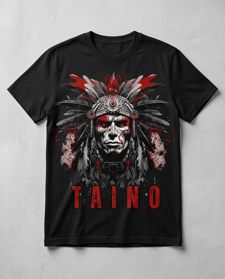 Taino Warrior Heritage Tee — black t-shirt with red Taino chief DTF print